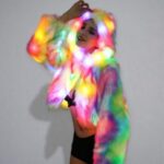 Women Faux Fur Outwear Winter Light Up Burning Glow Fluffy Sparking Rainbow LED Costume Waistcoat