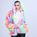 Women Faux Fur Outwear Winter Light Up Burning Glow Fluffy Sparking Rainbow LED Costume Waistcoat