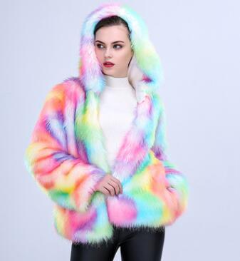 Women Faux Fur Outwear Winter Light Up Burning Glow Fluffy Sparking Rainbow LED Costume Waistcoat