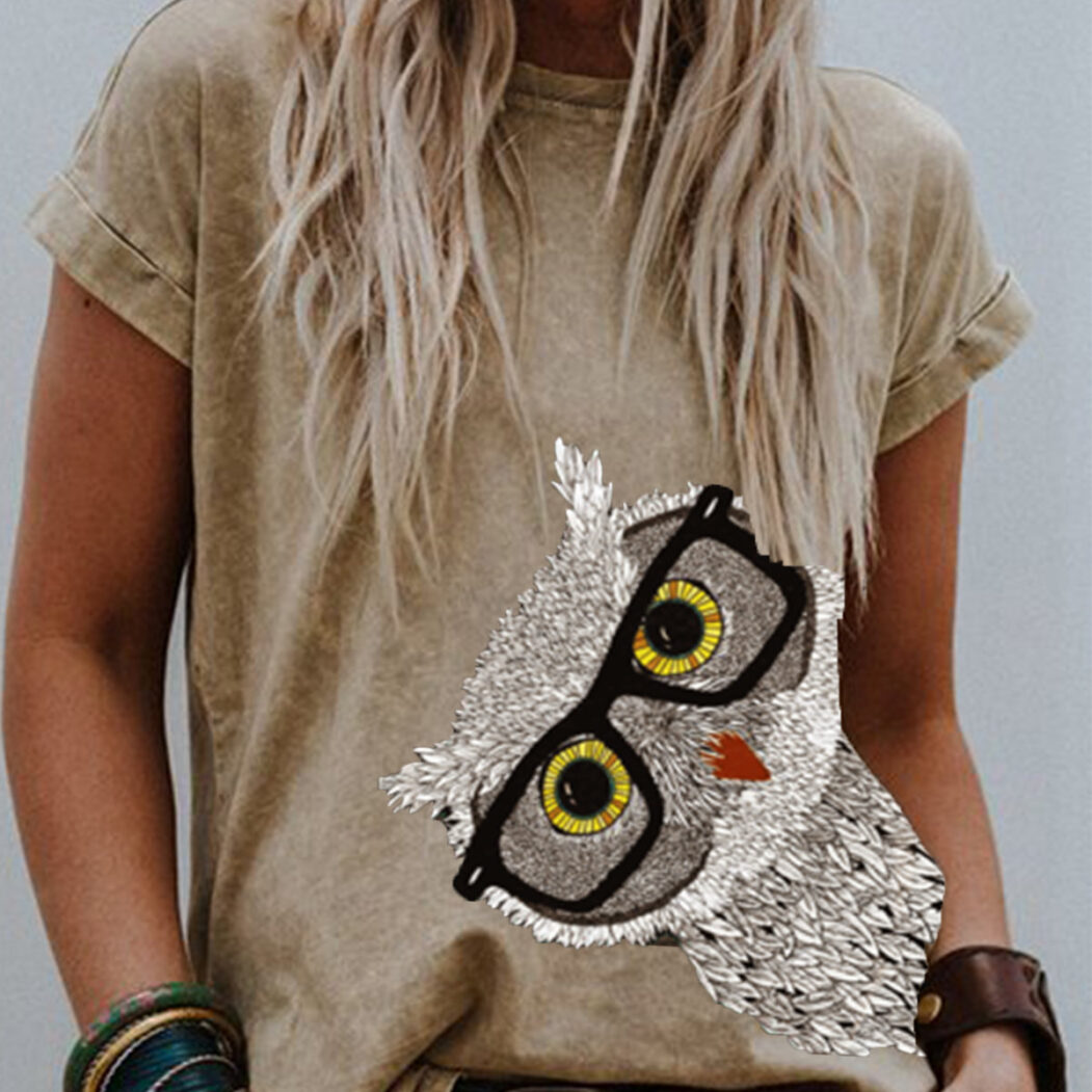 Short Sleeve Owl Print T Shirt Women