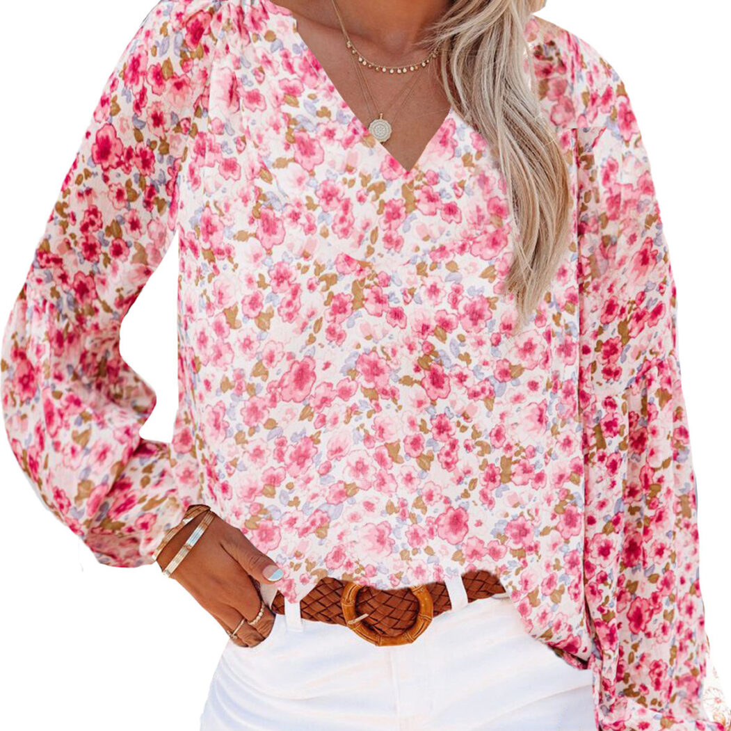 Lantern Sleeve Shirt Women Floral Print Chiffon Shirt