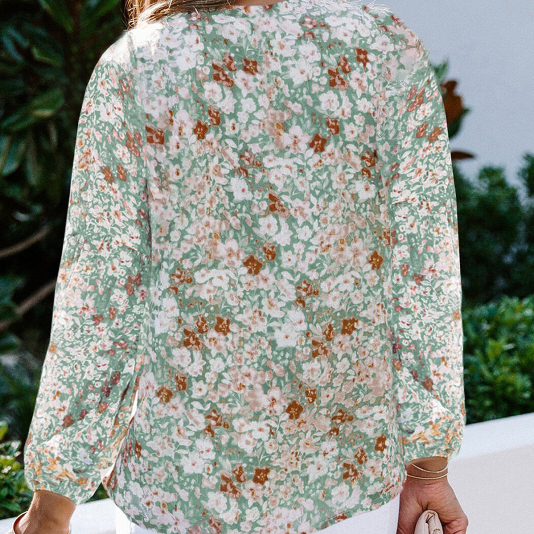 Lantern Sleeve Shirt Women Floral Print Chiffon Shirt