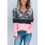 Camouflage Print Zip V-Neck Long Sleeve Sweatshirt Women