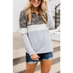 Camouflage Print Zip V-Neck Long Sleeve Sweatshirt Women