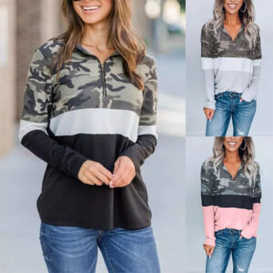 Camouflage Print Zip V-Neck Long Sleeve Sweatshirt Women