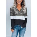 Camouflage Print Zip V-Neck Long Sleeve Sweatshirt Women