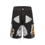 Mens Heavy-duty Ripped Embroidered Denim Shorts