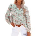 Lantern Sleeve Shirt Women Floral Print Chiffon Shirt